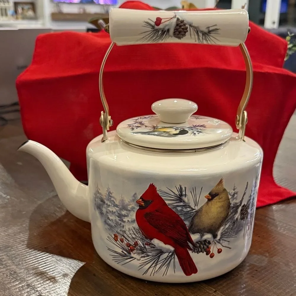 Vintage Lenox winter greetings, enamelware tea pot with a cardinal and chickadee